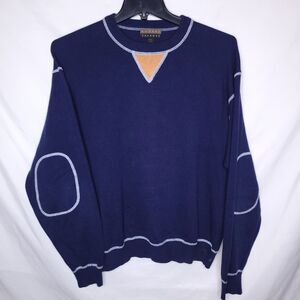 Robert Talbott Navy Crewneck Sweater with Light Blue Trim and Tan Accent